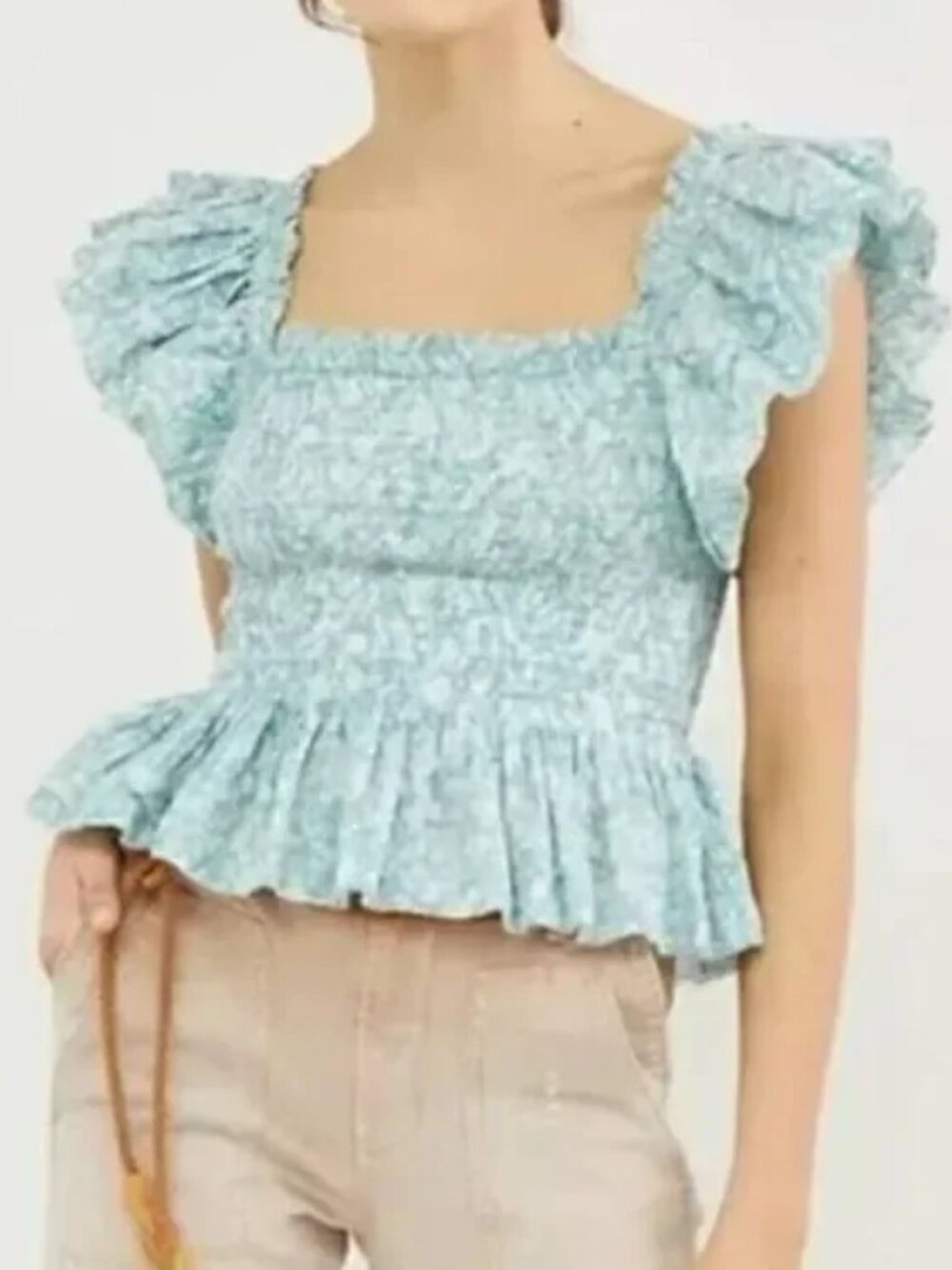 Anthropologie Love the Label Smocked Ruffle Crop Top XS